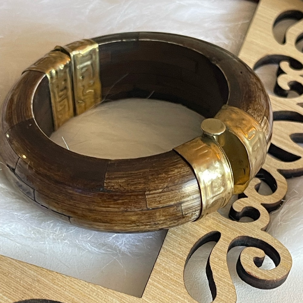 Indian Style Brass & Wood Bracelet. 3" x 1 1/4” wide.